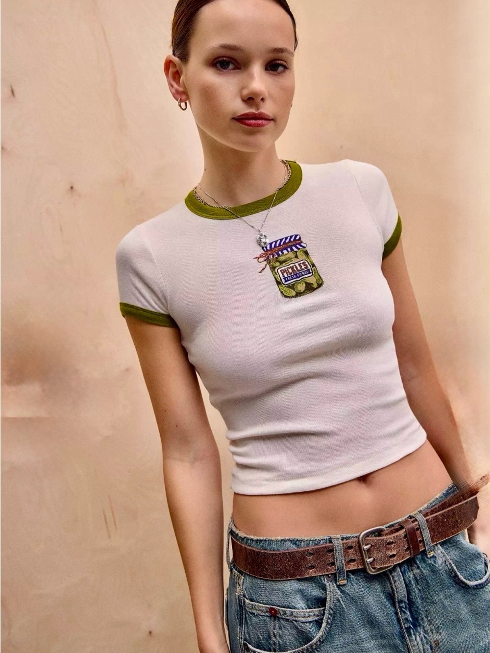 Kimchi Blue Cream Ringer Tee with Olive Green Trim and Pickle Jar Graphic